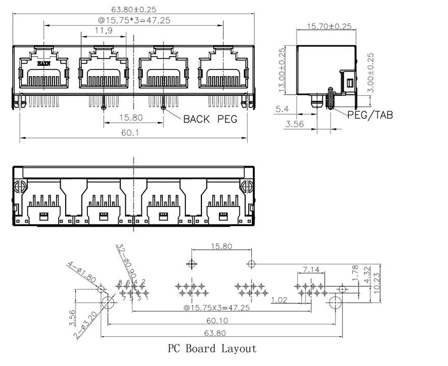 RJ45-9802 1X4 全包 圓針