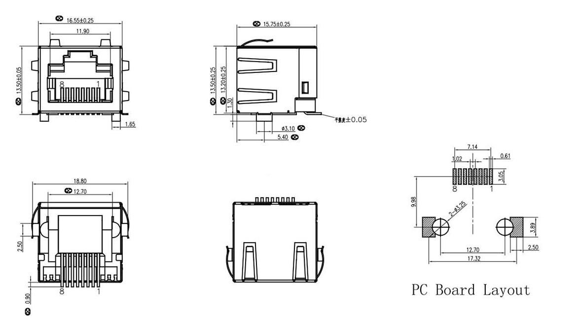 RJ45-9805 1X1 全包 無燈 扁針SMT